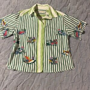 Free People Green Striped Blouse with Bird Embroidery XS